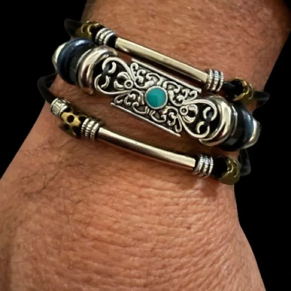 Men’s Multi-Strand Boho Beach Black PU Leather Bead Bracelet